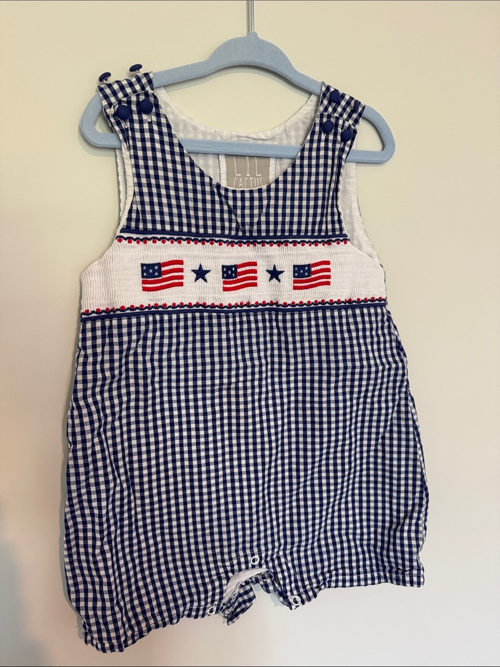 Lil Cactus Navy Gingham Smocked Stars & Flags Baby Romper 2T